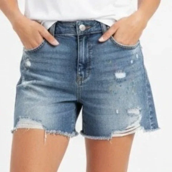 Judy Blue Womens Shorts Lg Distressed Denim Rainbow Paint Splatter Frayed Hem - Picture 1 of 10